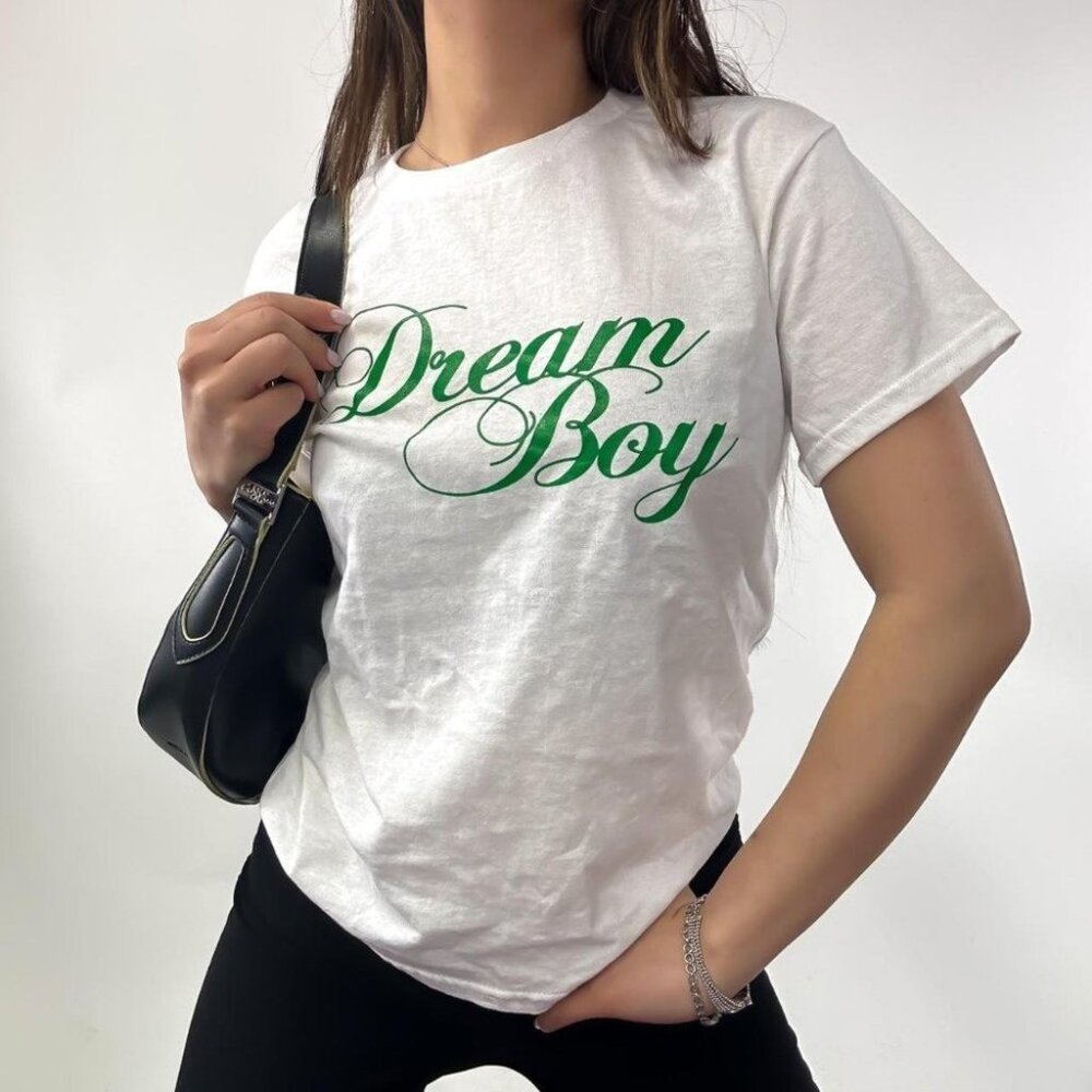 BRAND NEW CUSTOM PRINT 90s STYLE DREAM BOY CURSIVE GRAPHIC TEE SHIRT GREEN FONT